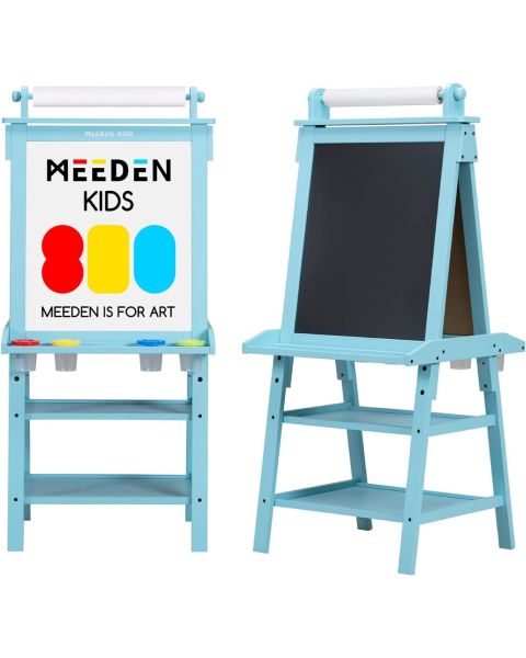 MEEDEN Solid Beechwood with Double-Sided Standing, Chalkboard and Magnetic White Board for Kids - Blue